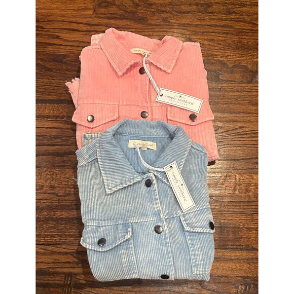 NWT Lot 2 Women’s Corduroy Simply Southern Blue Pink Cropped Jacket Size Large - Picture 1 of 3